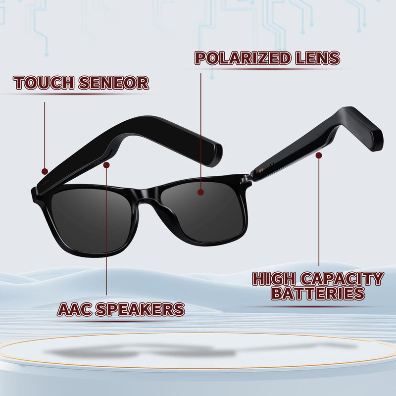 Polarized Smart Glasses for Men Women with AAC Speaker Open Ear Music Touch Control Remote Photo Hand-free Calling, Unisex Audio Intelligent Bluetooth 5.0 Sunglasses, Great Gift for Friends Polarized