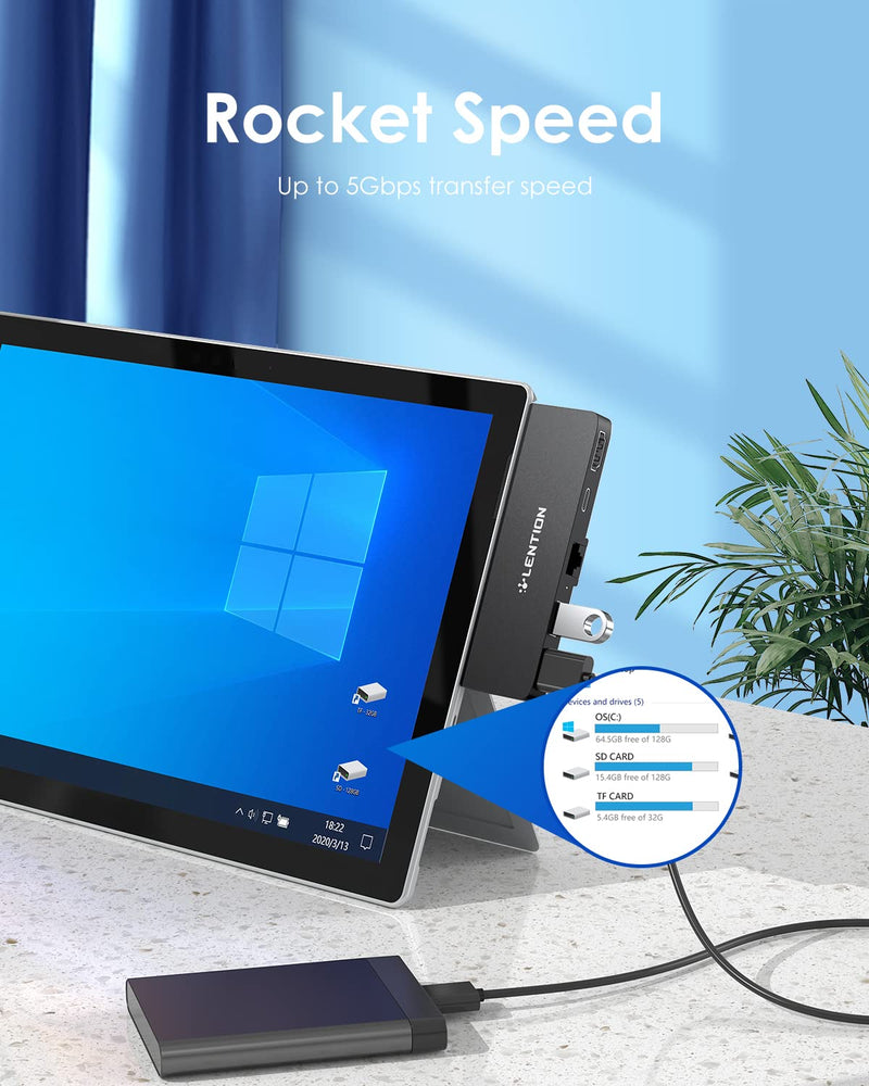 LENTION Surface Pro 7 USB C Hub Docking Station,5-in-1 Surface Pro 7 Hub,4K@60Hz USB-C to HDMI Hub,USB C to Gigabit Ethernet Hub,2 USB 3.0 Hub,PD 60W Type C Charging Port Hub(CS35,Black) CS35-MAB