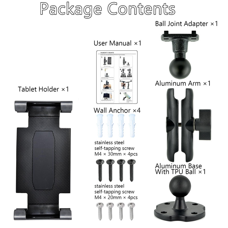Aluminum Arm Heavy Duty Tablet Mount Drill Base - for 6.5"-12.9" Tablet iPad Pro/Mini, iPad Holder for Truck, Car,Dashboard,Desk,Wall-Swivel with 1 inch/25mm Ball Joint
