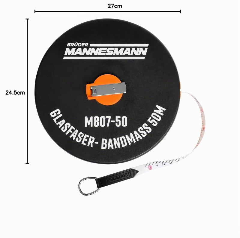 Brüder Mannesmann Fibreglass Tape Measure 50 m, with Crank Retraction, Weatherproof ABS Housing, Precise Measurement, Robust for Construction, Workshop and Garden, Pack of 1, M 807-50