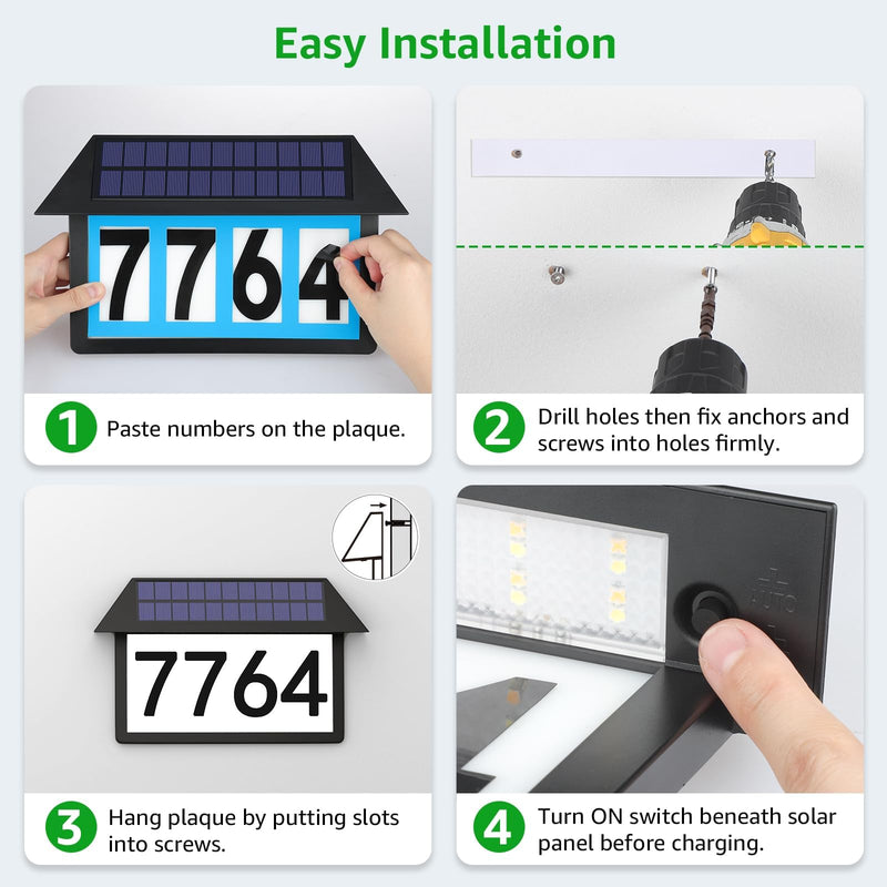 ASOMST Solar Address Sign, Lighted House Numbers Waterproof, 3-Color Lighting Modes LED Illuminated Address Plaque, Wall Mount Address Number for Home 1