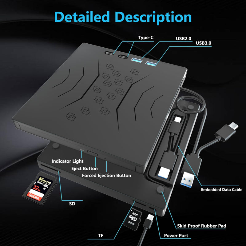 7 in 1 External DVD Drive, External CD/DVD Drive for Laptop USB 3.0 & Type-C, Portable CD/DVD +/-RW Disk Drive, CD/DVD Burner CD ROM External Drive for Laptop Desktop PC Windows 7/8/10/XP Mac Linux
