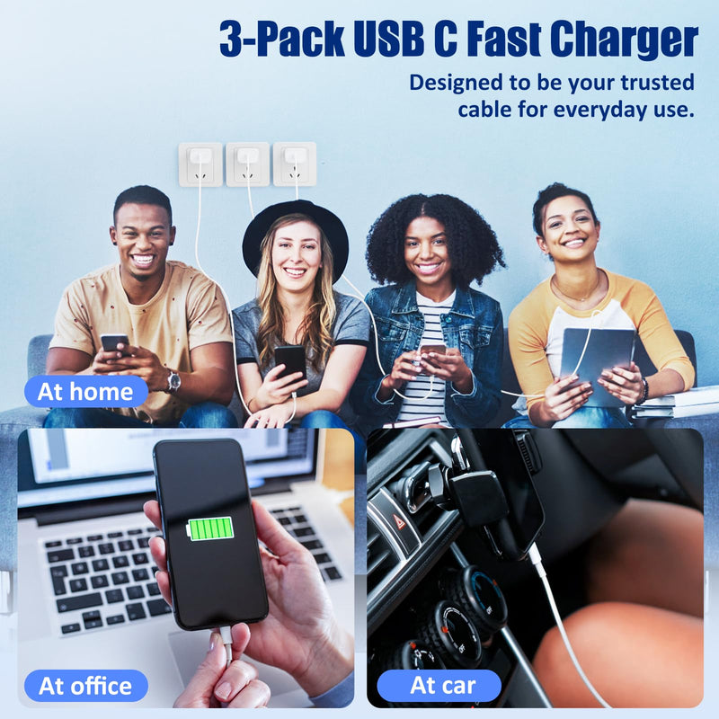 iPhone 15 Charger Fast Charging 3-Pack, 20W Type C Charger[3+6+10FT] USB C Wall Charger Cables for iPhone 15/15 Plus/15 Pro Max, iPad Pro/Air/AirPods/Samsung