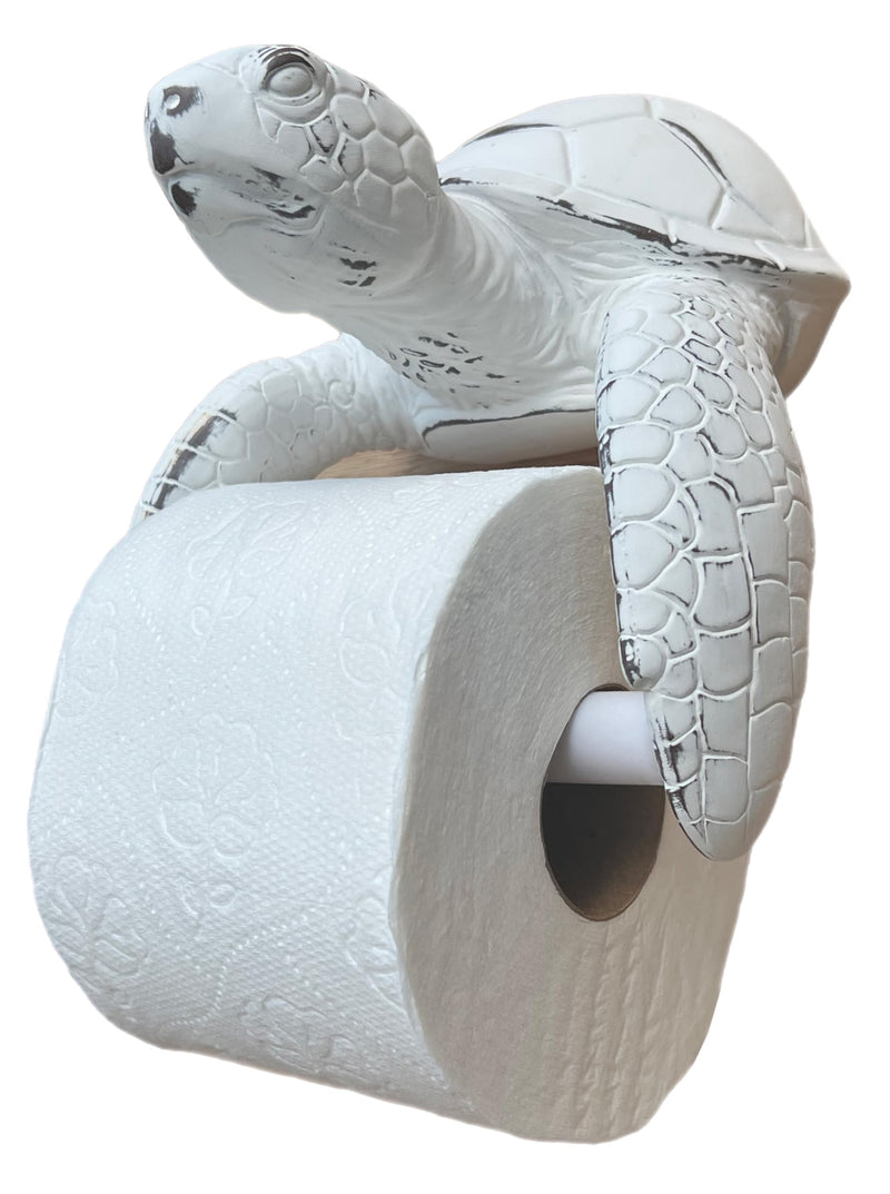 Sea Turtle Wall Mount Toilet Paper Roll Holder Rustic Beach Coastal Decor - Distressed White Finish