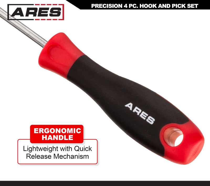 ARES 70256 - Precision Hook and Pick Set - 4-Piece Set Includes Precision 90 Degree, Hook, Combination and Straight Hooks and Picks - Chrome Vanadium Steel Shaft - Easily Remove Hoses and Gaskets