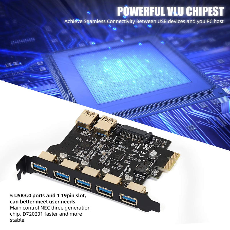 7 Ports PCI-E to USB 3.0 Expasion Card with 19-Pin SATA Power Connector Superspeed up to 5Gbps,and The Front Panel Bay and 1 Power Supply Cables,for Window 7/8/10/XP/Vista… Black-7USB Port Card