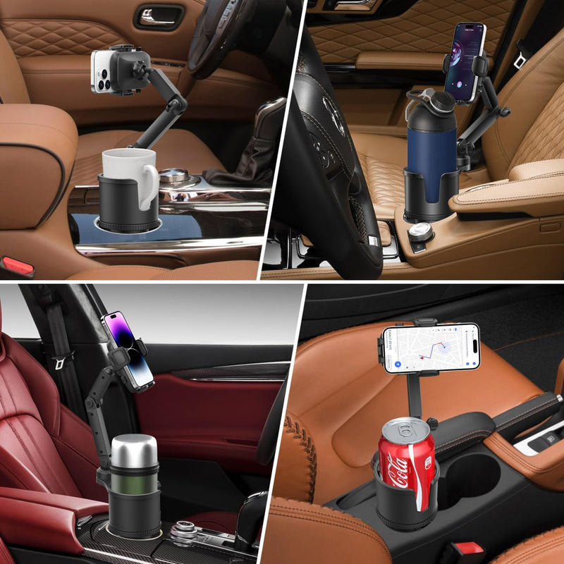 Car Cup-Holder Phone-Mount with Long Arm - 2 in 1 Adjustable Cup Holder Expander with Rubber and Expandable Base for 8-32oz Bottle, Cell Phone Stand Holder Friendly Fit iPhone & All Mobile Smartphones Large