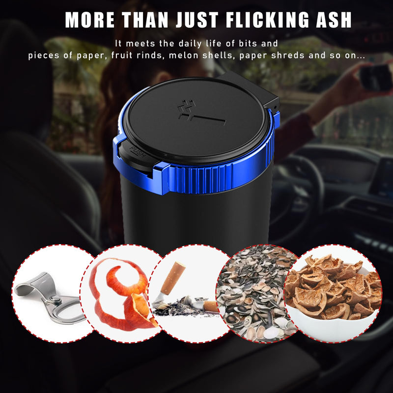 Car Ashtray with Lid, Detachable Stainless Smokeless Auto Ashtray, Portable Mini Vehicle Trash Can with LED Blue Light, Universal Interior Accessories for Cup Holder (Blue, 1 PC)