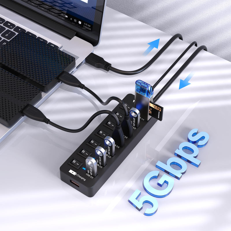 Powered USB Hub 3.0,VEMONT 7 Ports Multi USB hubs and 1 USB Smart Charging Port with 5V/3A Power Supply,USB Extension Splitter with Individual On/Off Switches and 4ft/1.2m Long Cable for PC/Laptop Black