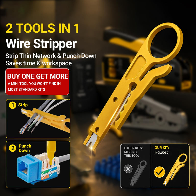 RJ45 Pass-Through Crimping Tool Kit for Cat7, Cat6, Cat5 – Includes Cable Tester, Wire Stripper, Cutter, 50 Cat6 Connectors & Strain Relief Boots – DIY Ethernet Network Tool 8 IN 1 Set