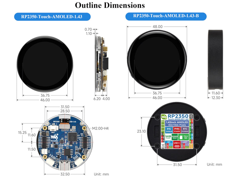 RP2350 1.43inch AMOLED Touch Display Development Board, 466x466, SPI Interface Round Display, Onboard Accelerometer and Gyroscope Sensor, USB, UART, I2C and GPIO, etc.