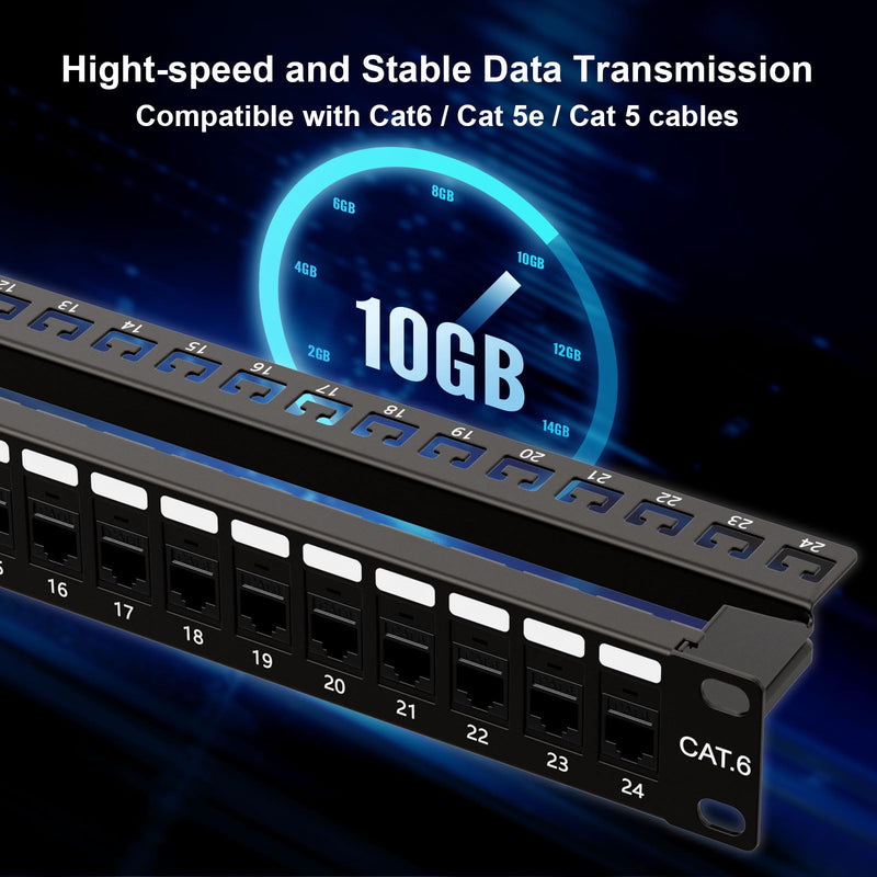 iwillink 10Gbps Patch Panel 24 Port, RJ45 Through Coupler Cat6 Patch Panel UTP 19-Inch 1U with Back Bar, Wallmount or Rackmount, Compatible with Cat5, Cat5e, Cat6 Cabling 24-Port