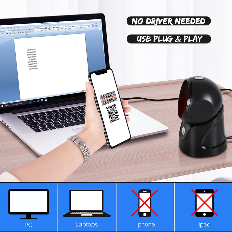 WoneNice Automatic Omnidirectional Desktop Barcode Scanner, USB Wired 1D 2D Barcode Scanner, Square QR Code Scanner, Handfree CMOS Image Bar Code Reader for Warehouse, Supermarket, Retail Store, Books