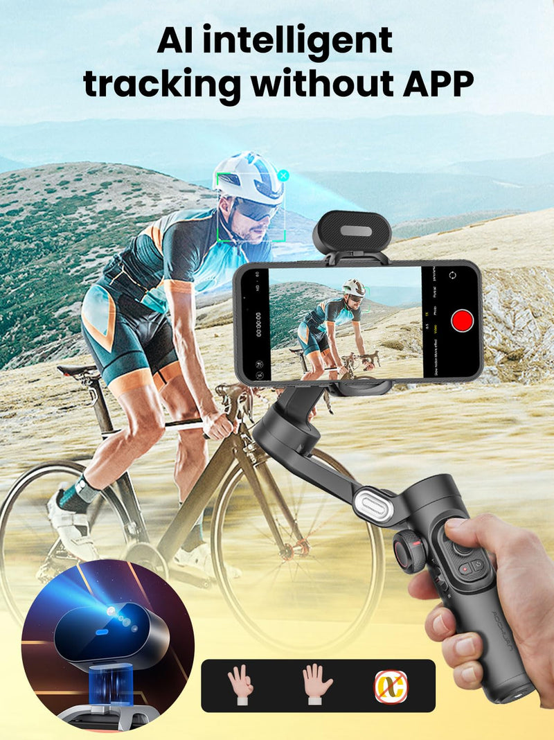 AOCHUAN XE AI Version,Gimbal Stabilizer for Smartphone,NO APP AI Tracking, Gesture Control,360°Inception Gimbal with TikTok YouTube,3-Axis Foldable Handheld Tripod for iPhone& Android,Black Smart XE AI