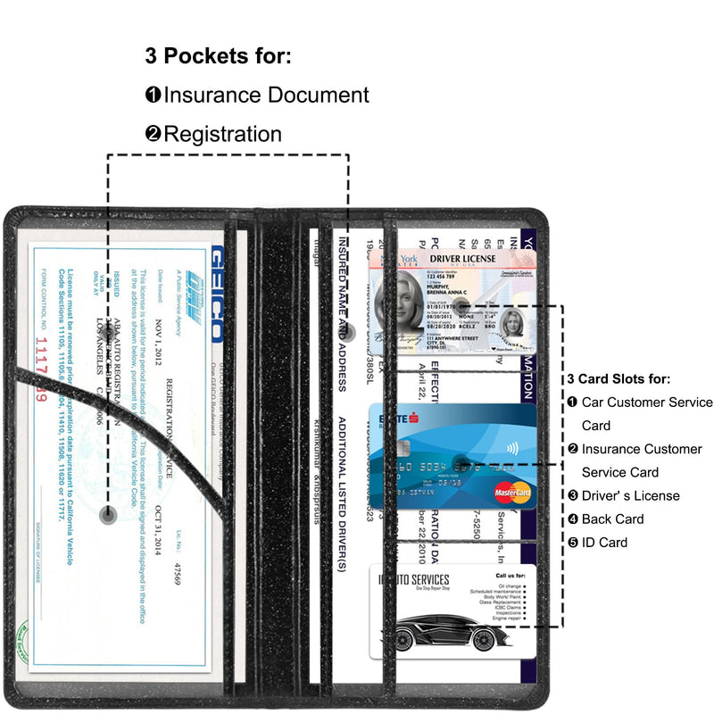 RADWIMPS Car Registration and Insurance Card Holder with Magnetic Closure, Premium PU Leather License Registration Holder for Driver License, Insurance Card, Paperwork, Men & Women (Black) Black