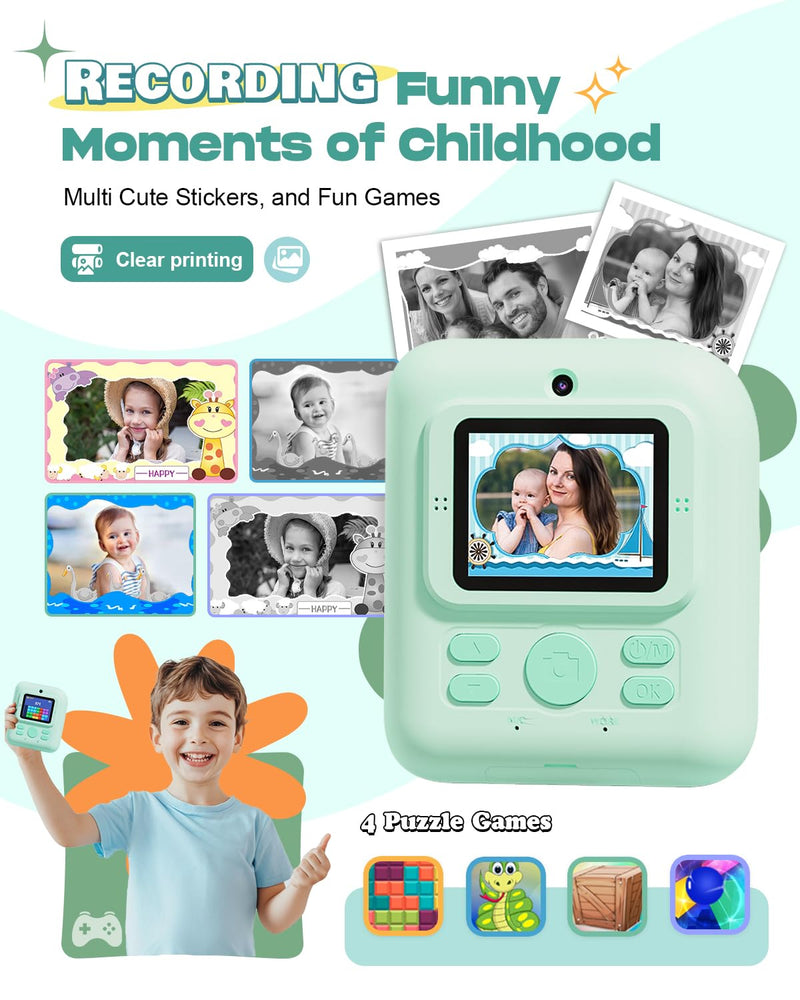 Seckton Kids Camera Instant Print, Upgrade Selfie Digital Camera for Kids, Christmas Birthday Gifts for Boys Girls Age 3-12, Toddler Portable Travel Toy with HD 1080P Video-Green Green