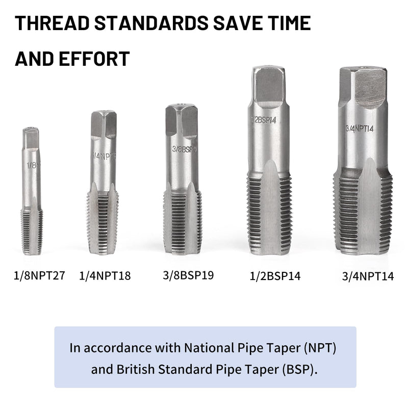 SWAWIS 5 piece pipe tap set tap tap G1/8、G1/4、G3/8、G1/2、G3/4 thread re-drill machine tap hand tap repair of pipe thread connections