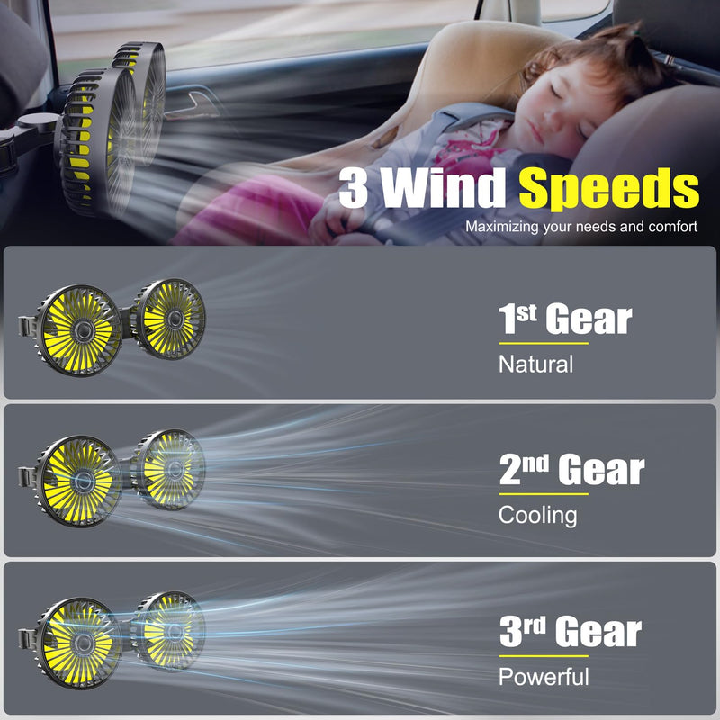 Car Fan, Dual Heads Car Fan for Backseat USB Car Rear Seat Fan Car Cooling Fan, 3 Speeds 360° Rotatable Strong Wind Portable USB Fan with Adjustable Clip Electric Car Fans for Vehicles RV SUV Truck