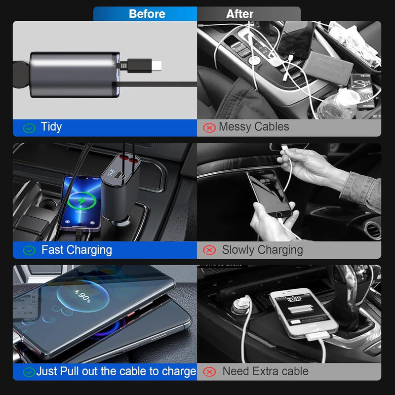 Retractable Car Charger, 4 in 1 Fast Charge Car Phone Charger Adapter 100W, Retractable Cables(2.6ft) for iPhone & Type-C, Cigarette Lighter Adapter for iPhone15/14/13 Pro Max, Galaxy, Pixel