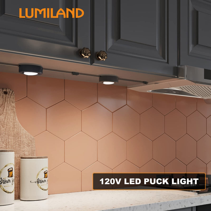 LUMILAND Wired LED Puck Lights 120V (2.7Wx5) Plug-in Lighting Warm White, LED Cabinet Light for Kitchen Can Be Surface Mount or Recess Mount, Black Black-5 Pack 3000K