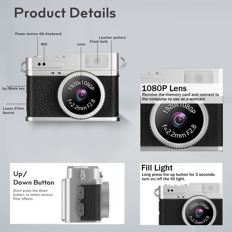 KOOMTOOM Keychain Camera,1080P HD Mini Retro Camera,Tiny Digital Photocamera with 32GB SD Card,0.96'' Pocket Video Recorder Gift for Kids Students,Suprise Box Included (Retro Black)