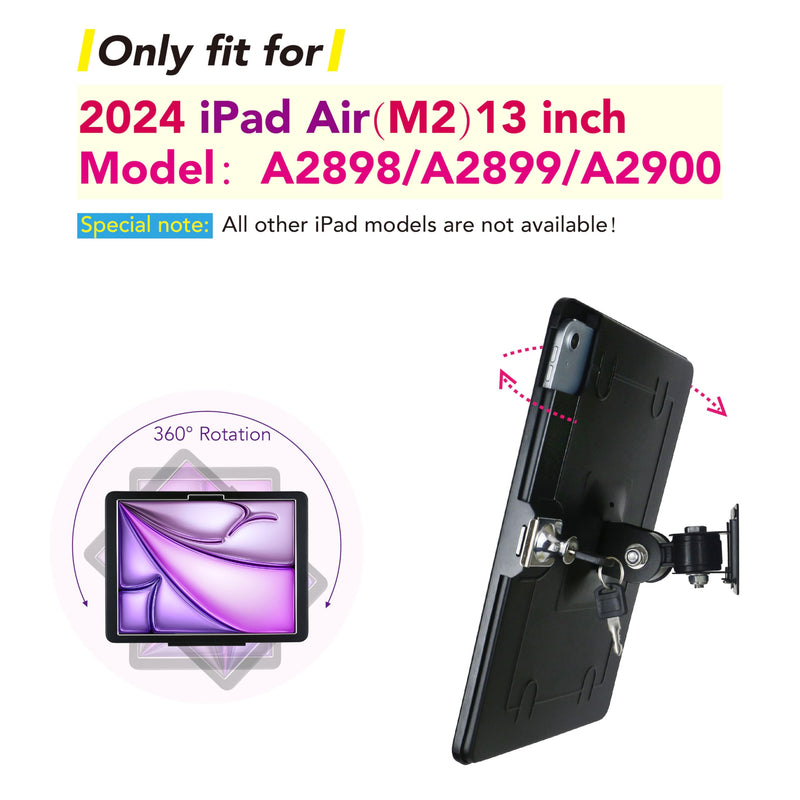 On Wall Mount Bracket for iPad Air 13-inch M3 2025 & M2 2024,Excluding Other 13" iPad,with Lock &Key, Multi Angle Design,Metal,(Black)