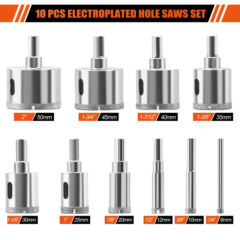 MARSBASE Diamond Hole Saw Kit - 10 PCS Tile Drill Bits Set With EVA Mould for Guide Jig - Electroplated Hollow Drill for Tiles, Ceramic, Glass, Gypsum, Marble, Granite Silver