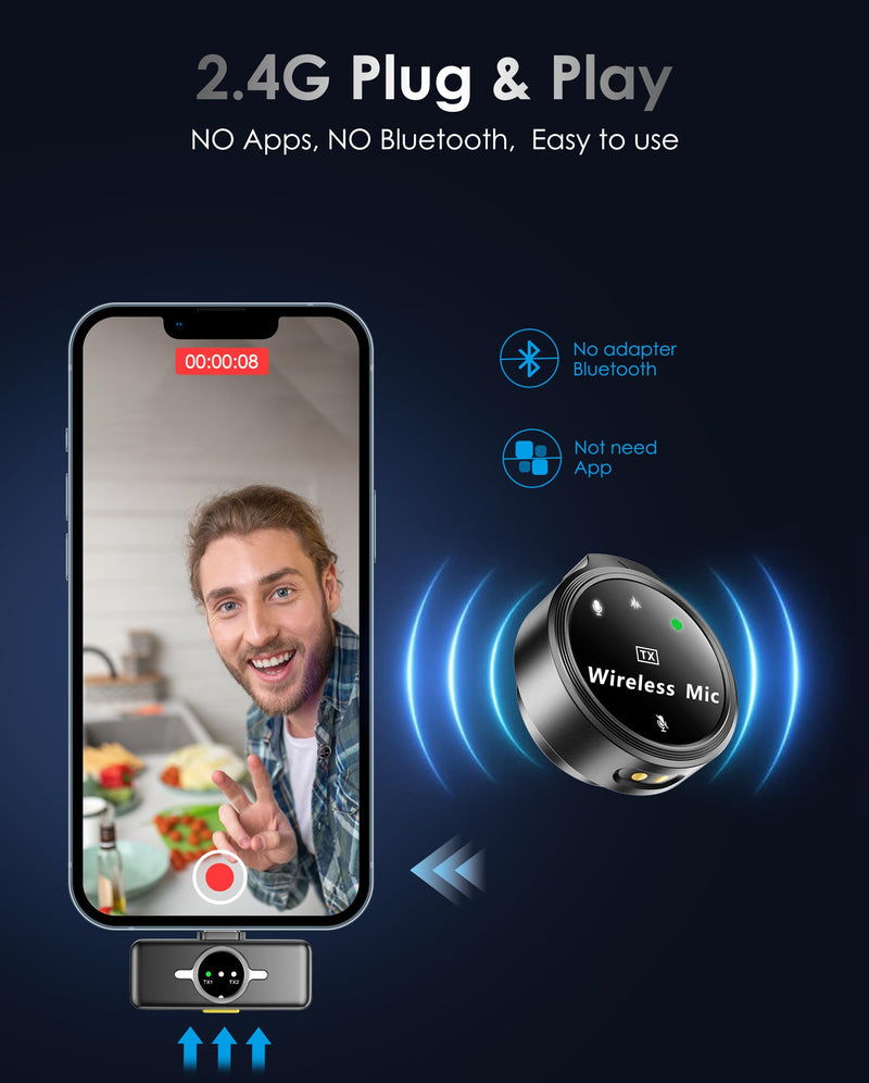 Wireless Lavalier Microphone for iPhone/Android, Lapel Mics with USB-C Plug-Play, Mini Mic with 2.4GHz Noise Cancellation, Charging Case Included, 300ft Range for Stream, Vlog, TikTok and YouTube Type-C