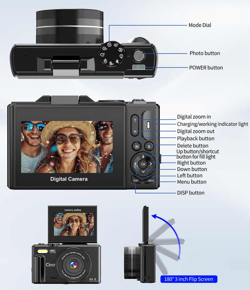 4K Digital Camera for Photography, WiFi 64MP UHD Vlogging Camera with 18X Digital Zoom, Super Wide-Angle Lens, 3" 180° Flip Screen, 32GB SD Card, Black