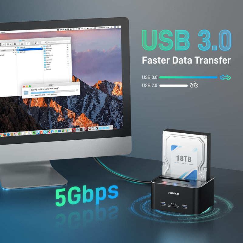 FIDECO Hard Drive Docking Station, USB 3.0 SATA to HDD Docking Station for 2.5 & 3.5 inch SATA HDD/SSD, Dual Bay, Support Offline Clone (Aluminum and ABS) Aluminum+ABS