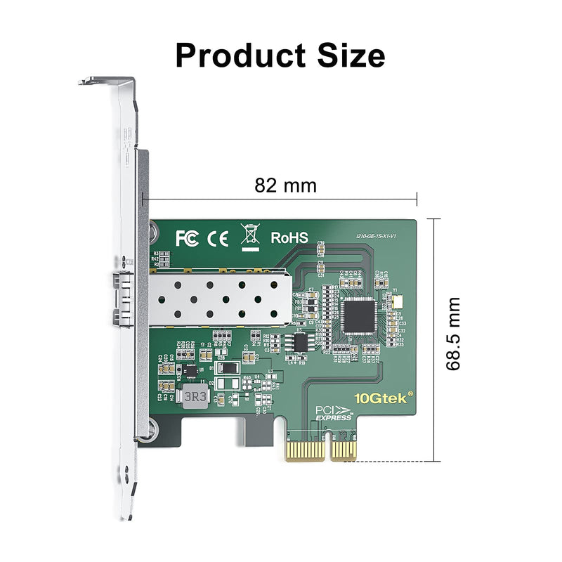 10Gtek 10/100/1000Mbps Gigabit Network Card (NIC) with Intel I210AS Chip | Ethernet Converged PCI Express Network Adapter | Single SFP Port | PCI Express 2.1 X1 Intel I210 1-SFP