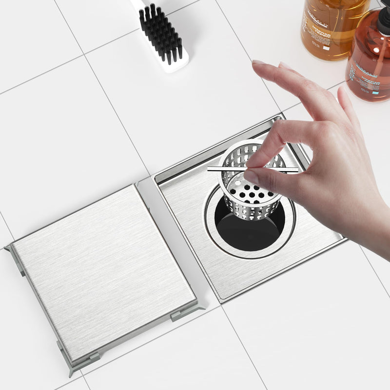 Neodrain 6" Tile Square Shower Drain with Removable Tile Insert Grate,304 Stainless Steel Tile Square Drain, CUPC Certified, Hidden Drain Easy to Clean(Brushed, 6 in) Brushed