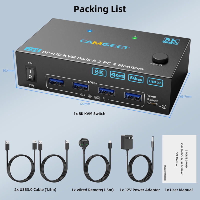 4K@144Hz KVM Switch 2 Monitors 2 Computers 8K@60Hz,Camgeet HDMI and Displayport Dual Monitor KVM Switch with 4 USB 3.0 Port for Keyboard Mouse Printer,Wired Remote,Power Adapter and USB Cable Included HDMI+DP 2 Monitors