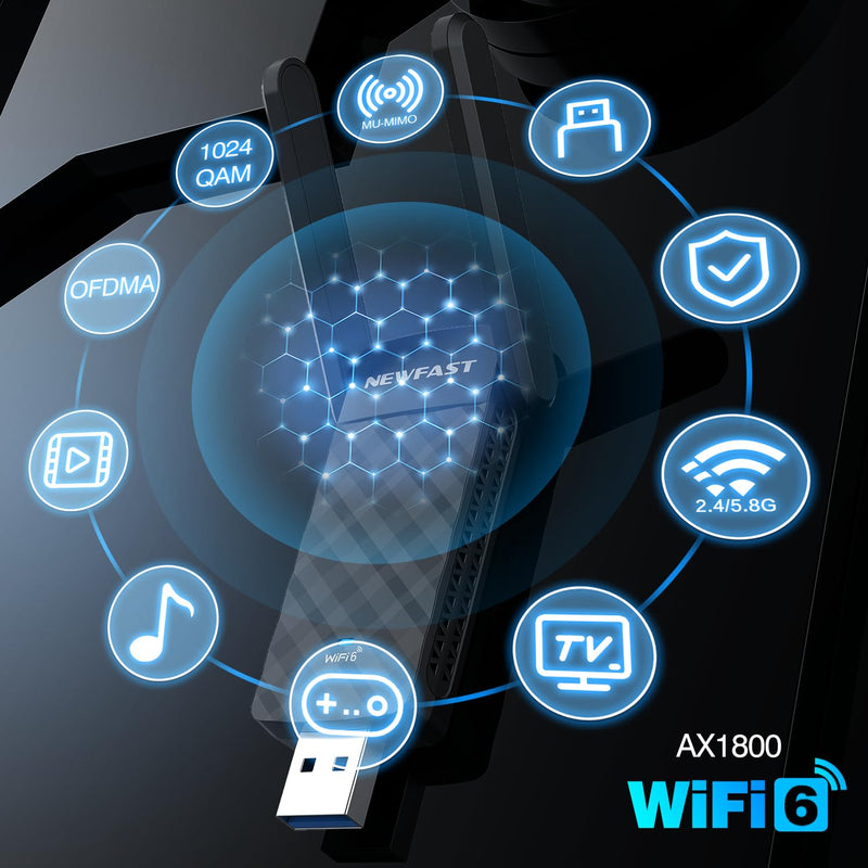 NEWFAST USB WiFi 6 Adapter U352, AX1800 Wireless Network Adapter for Desktop PC Laptop, USB 3.0 WiFi with Dual Band High Gain Antennas, MU-MIMO, WPA3, WiFi Dongle for Windows 11/10