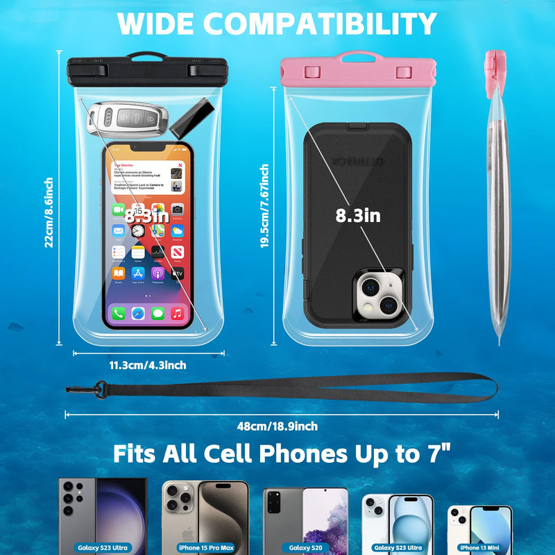 [2 Pack] Waterproof Phone Pouch/Case - IPX8 Large Cell Phone Dry Bag Beach Travel Essentials with Detachable Lanyard for iPhone 15/14/13 Pro Max/ S24 Up to 8.3”- [3D DESIGN] - Black & Pink