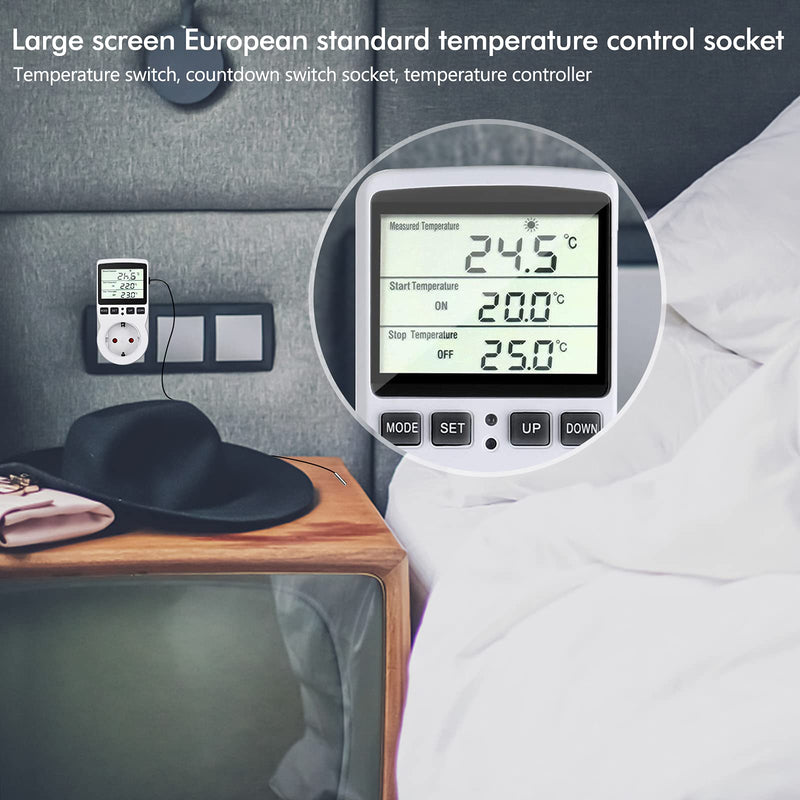 Temperature Controller 230V Digital Thermostat Socket Plug Thermostat with Sensor Timer Switch Temperature Socket Heating Cooling for Greenhouse Electric Blanket Water Tank