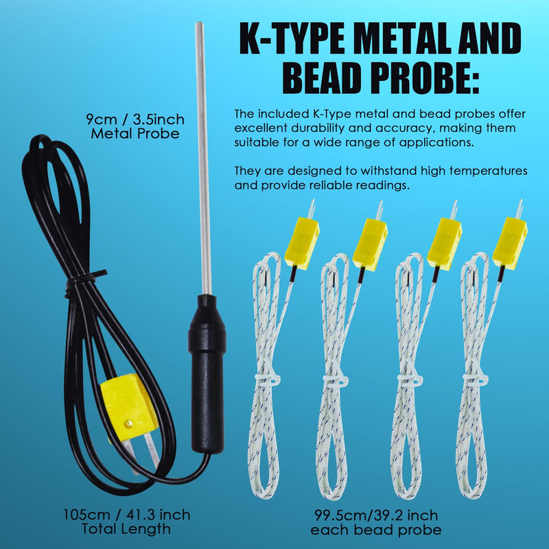 Thermometer 4 Channels K-Type Thermocouple Sensor Tester with K-Type Metal Probe, Backlight and Temperature Instrument