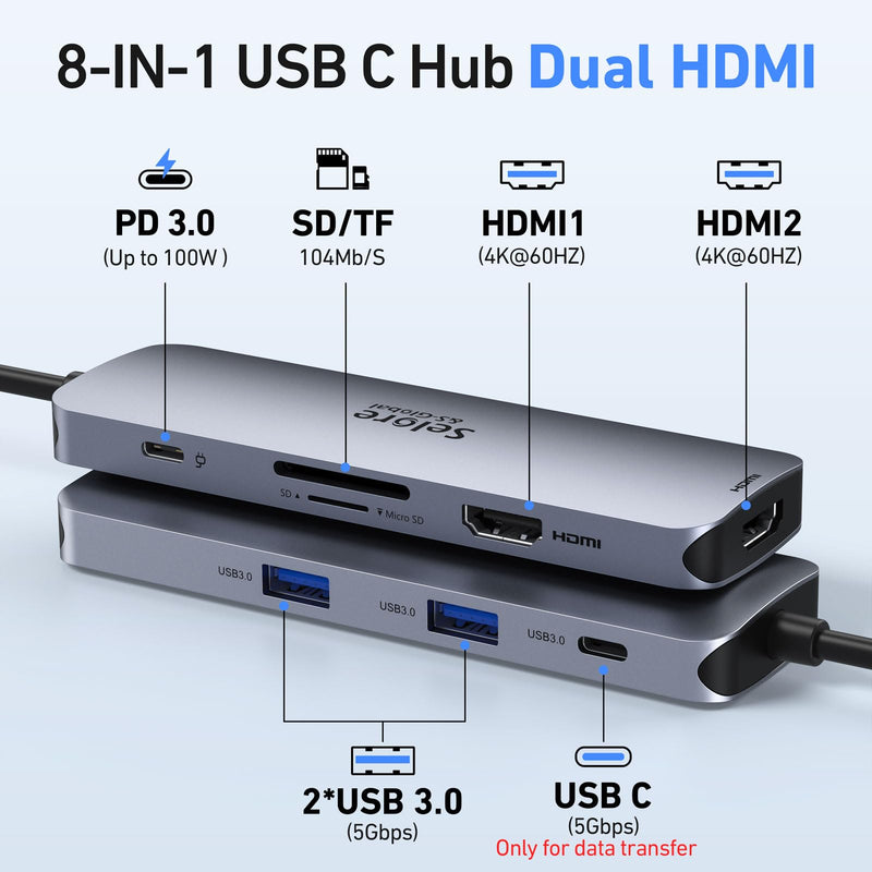 USB C Docking Station Dual HDMI Monitor,USB C to Dual HDMI Adapter with 2 HDMI Ports,PD Charging,SD/TF,USB A&C 3.0 Ports,USB C Hub HDMI for Dell XPS/HP/Lenovo/Surface/Yoga etc New 2 HDMI USB C Hub