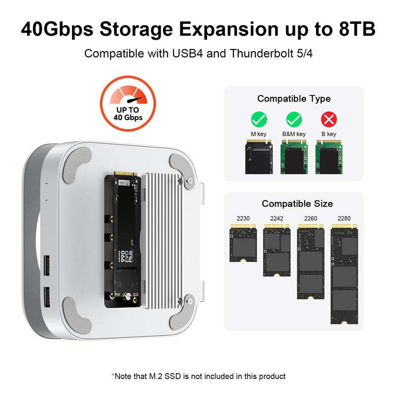 Qwiizlab 40Gbps Mac mini M4/M4 Pro Stand Hub with USB4 NVMe SSD Enclosure, USB-C Host, 3 USB-A 2.0, 3.5mm Audio, Supports M.2 PCIe up to 8TB, Compatible with Thunderbolt 4/5
