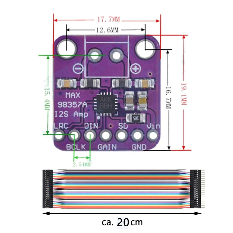 2 x MAX98357A I2S 3W Mono Amplifier Class with 20 x 20 cm Dupont Cable | D filterless amplifier breakout module, DAC decoder module audio board with wide application range