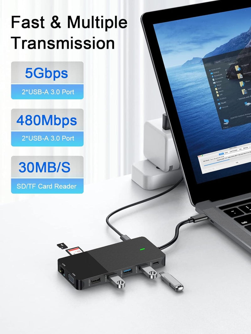 12-in-1 USB C Docking Station with Dual 4K HDMI, VGA, Gigabit Ethernet, 100W PD Charging, 4 USB Ports, SD/TF Card Reader for MacBook/Windows/Laptop