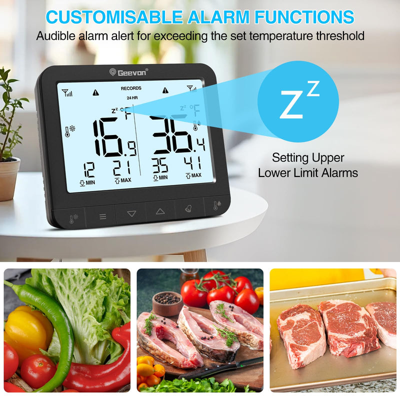 Geevon Digital Refrigerator Thermometer with Alarm, Low Battery Warning Icon, Max/Min Temperature LCD Display, Suitable for Domestic or Commercial Use Freezer Thermometer with Alarm