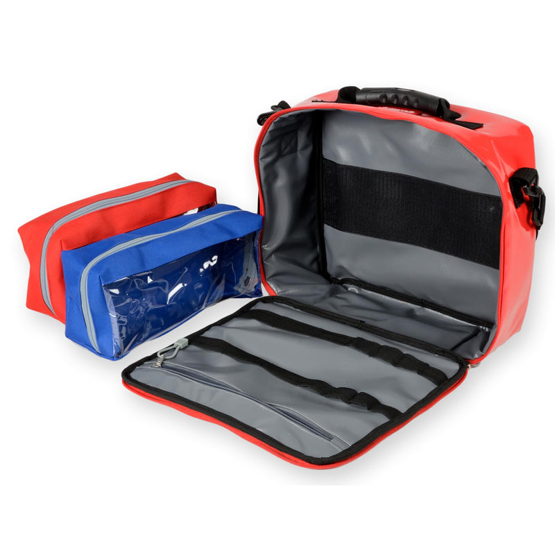 GIMA - CUBO emergency bag, for rescuers, empty, made of polyester PVC coated, color red, dimensions 28x34x13 cm, with shoulder strap, inner and outer pocket with zipper and 2 removable pockets