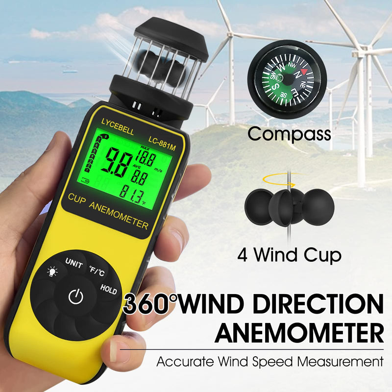 Anemometer Handheld LC-881M Portable Anemometer Wind Speed Meter Measures Wind Speed/Temperature with Compass, 360° Wind Direction Wind Cup Anemometer