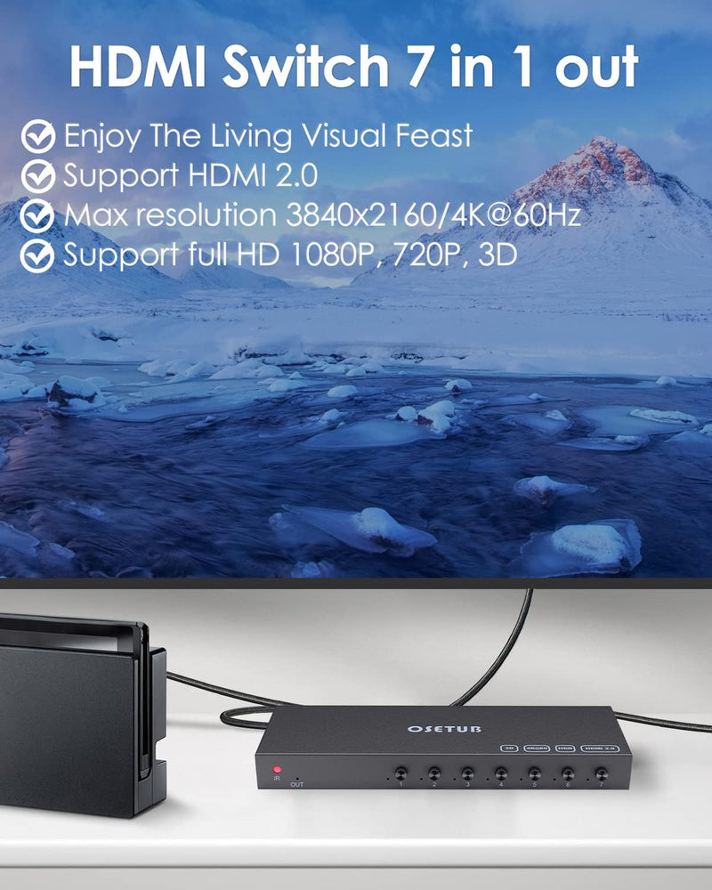 4K@60Hz 7 in 1 Out HDMI Switch, 4K HDMI 2.0 Switch with Remote Control, Support HDR & HDCP 2.2 & Full 3D for PS4 Xbox Apple TV Fire Stick Ideal for Home Theater and Office Use 4K@30Hz 7 in 1 Out HDMI Switch