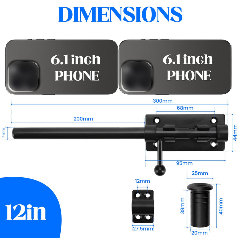 Barrel Bolt Latch, 12" Heavy Duty Gate Latch Slide Lock Solid 304 Stainless Steel Bolt Lock for Inside Door, Black Finished Shed Door Latch(1 Pack) 12 Inch