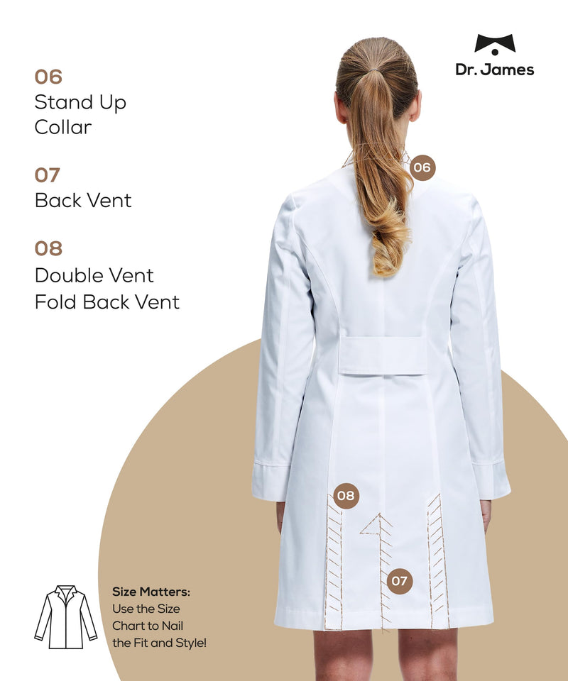 Dr. James Tailored Lab Coat for Women, Multiple Pockets, Fold Back Cuff, Tailored, Classic Button Closing, 35" Length 6 (S)