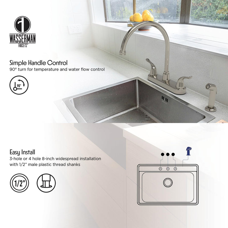 Wasserman 23073124 - Mobile Home RV Kitchen Sink Faucet High Spout Dual Lever Handle with Side Spray, High Arc, Deck Mount, Brushed Nickel, 8 inch on Center, for Campers, Motorhomes, Travel