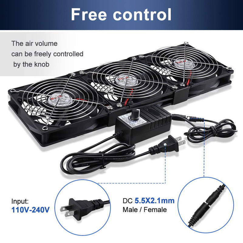 Wathai Dual Ball 3 x 120mm Computer Fan with AC Plug DC 12V Big Airflow Fans with 110V 120V 220V 240V AC Speed Controller for DIY Cabinet Chassis Machine Server Workstation Cooling 3x120mm fan