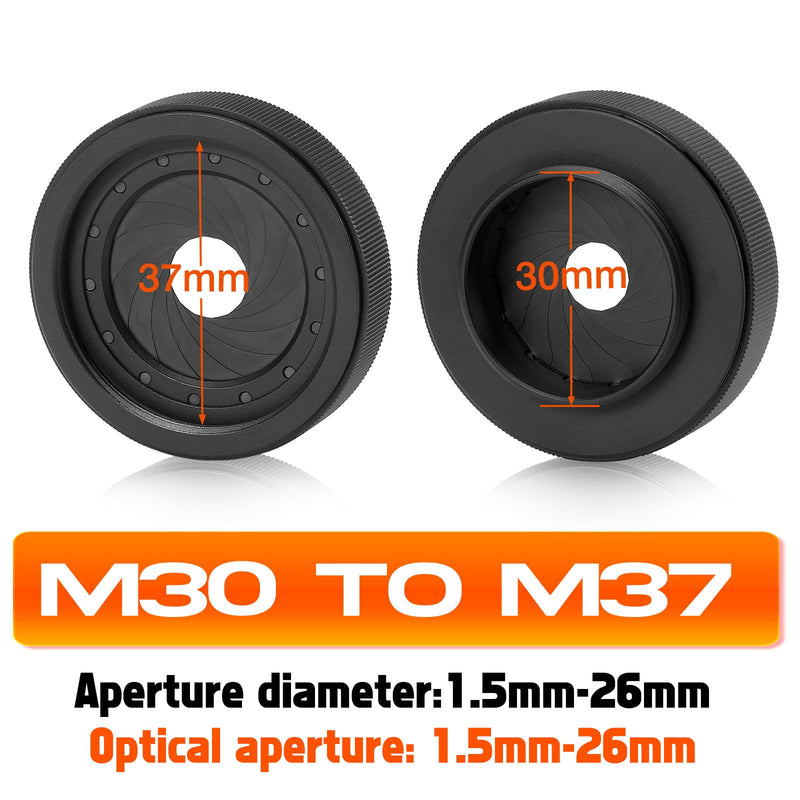 Adjustable Iris Aperture Diaphragm M30 to M37 Iris Aperture Diaphragm Adapter Optical Diaphragm 1.5-26mm Lens Module Adapter Ring PVS-14 PSV14 Optics(Filter Cleaning Cloth Lanyard Set*1)